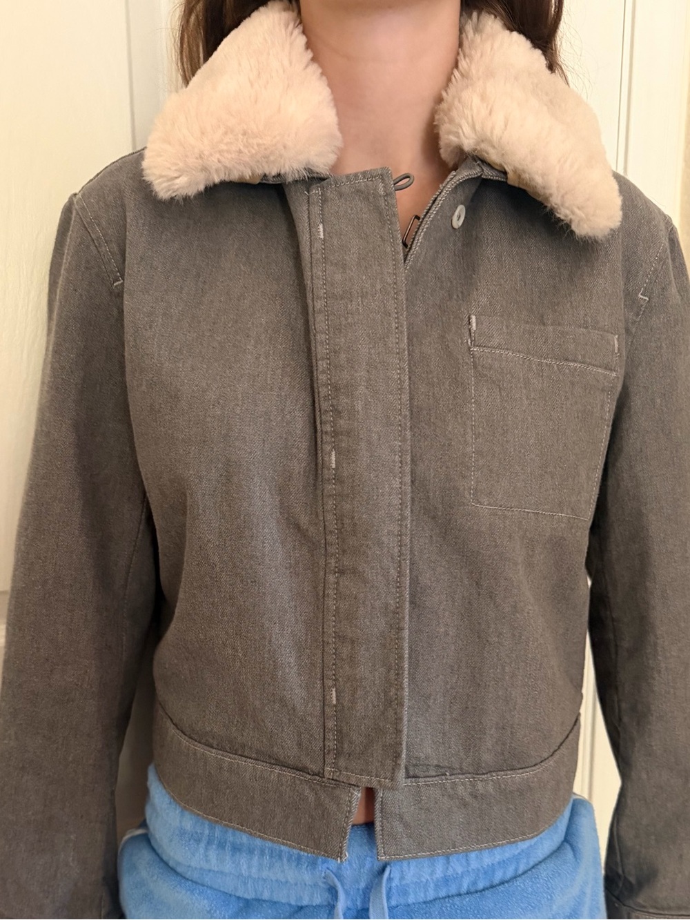 Banana Republic Taupe Jacket with Cream Faux Fur Collar